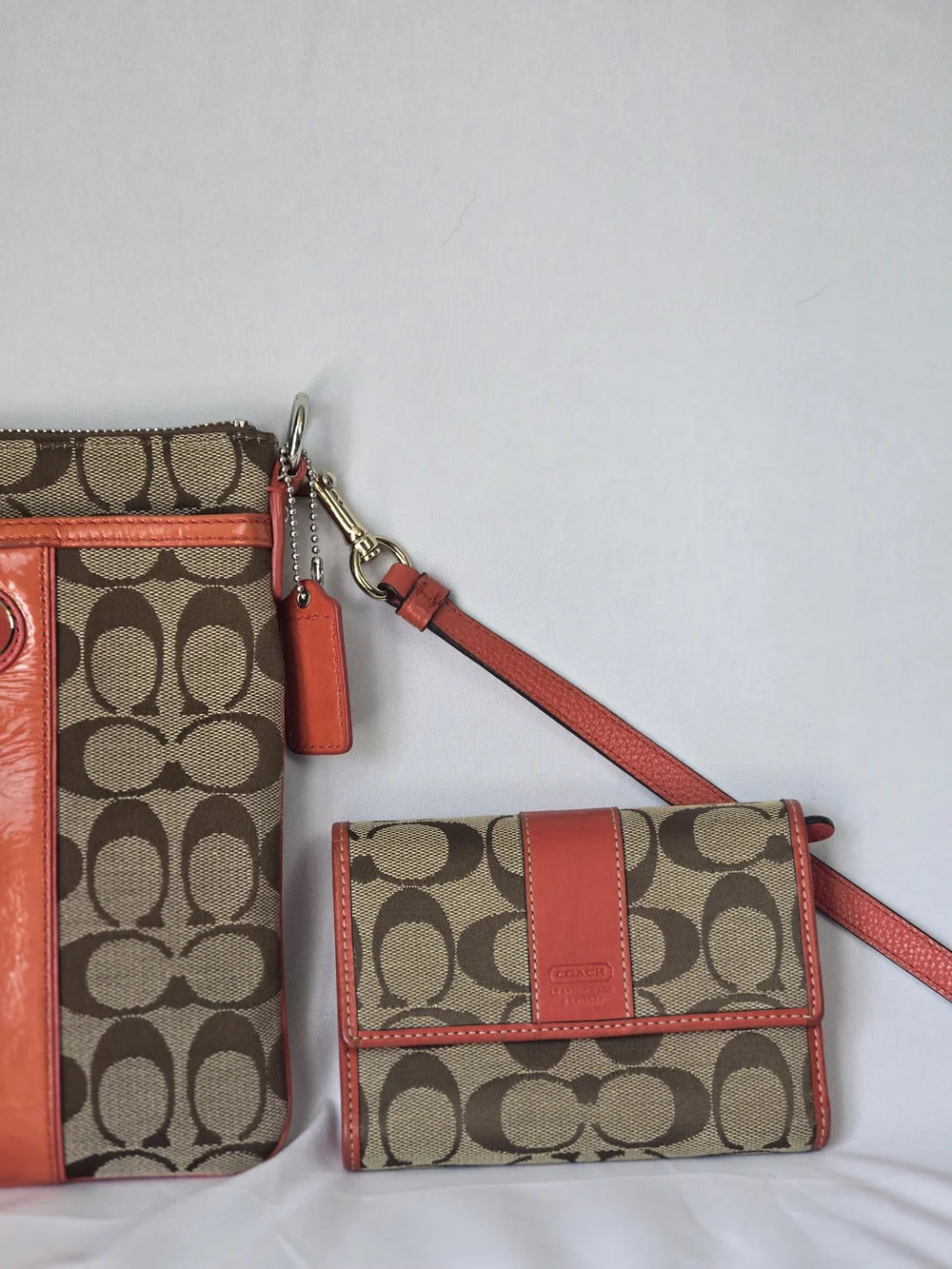 Coach Brown Signature Canvas Crossbody with Coral Trim and Matching Wallet